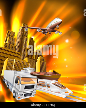 City Logistik Lieferung Konzept Abbildung. LKW, Flugzeug und Zug Beschleunigung in Richtung Betrachter von Stadt. Stockfoto