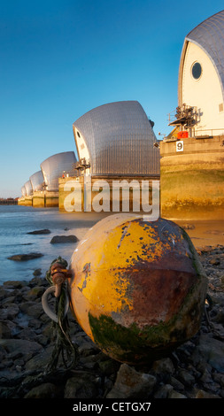 Thames Barrier bei Sonnenuntergang. 1984 als Londons Hochwasserschutz errichtet, 1716 Füße Breite des Flusses ist geteilt durch neun verstärken Stockfoto