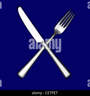 Ein Stillleben Schuss von Messer und Gabel gekreuzt auf blauem Hintergrund (jede Farbe Hintergrund auf Anfrage erhältlich) Stockfoto