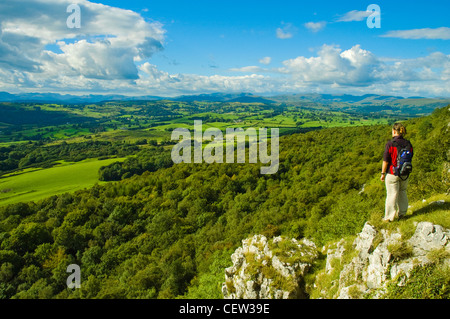 Wanderer über Klippen auf Scout Narbe in der Nähe von Kendal, Cumbria, mit Blick auf den Lake District Fjälls Stockfoto