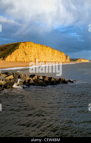 Klippen, Strand und Küste von West Bay auf der Jurassic coast Dorset genommen nach einem Sturm im Winter und Klippen von Sonnenlicht beleuchtet Stockfoto