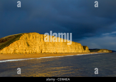 Klippen, Strand und Küste von West Bay auf der Jurassic coast Dorset genommen nach einem Sturm im Winter und Klippen von Sonnenlicht beleuchtet Stockfoto