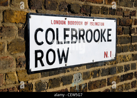 Colebrooke Row N1 Straßenschild auf eine Mauer, Islington, London, England Stockfoto