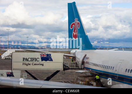 Pacific Flight Catering und Detail der China Southern Airlines Airbus A330-243 in Auckland International Airport in Neuseeland. Stockfoto