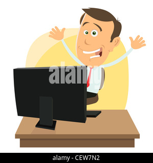 Abbildung eines Cartoon glücklich Geschäftsmann während des Spielens im Internet Geld zu verdienen Stockfoto