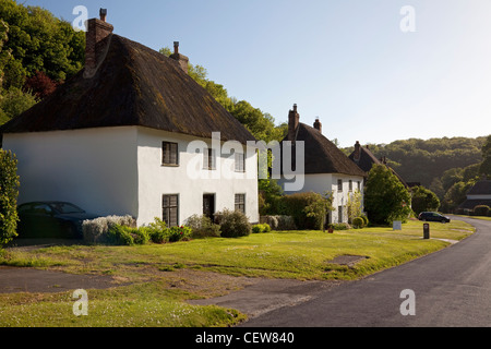 Die Straße mit strohgedeckten Hütten, Milton Abbas, Dorset, England Stockfoto
