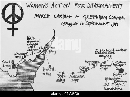 Postkarte der Womens-Aktion für Abrüstung Cardiff Greenham Common CND Friedensmarsch 27. August bis 5. September 1981. Stockfoto