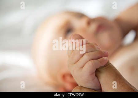 Baby-Holding Erwachsenen finger Stockfoto