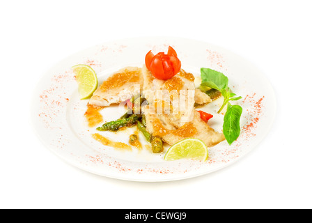Heilbutt Filet Braten in Limettensaft und Gemüse Stockfoto