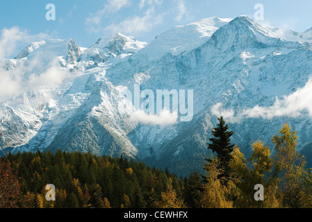 Schneebedeckte Gebirge und Wald in herbstlichen Farben Stockfoto