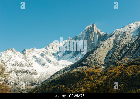 Schneebedeckte Gebirge und Wald in herbstlichen Farben Stockfoto