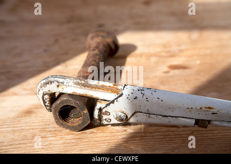 Verstellbaren Schraubenschlüssel und rostige Schraube mit einer Mutter auf Holztisch Stockfoto