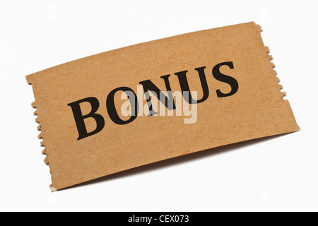 Detailansicht Einer Karte aus Papier Mit der Aufschrift Bonus | Detail-Foto einer Papier-Karte mit der Aufschrift Bonus Stockfoto