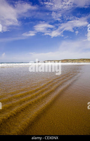 Wellen in der seichten Brandung am Strand von Newgale. Stockfoto