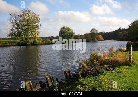 Ein Blick auf den Fluß Yare auf den Norfolk Broads in Bramerton, Norfolk, England, Vereinigtes Königreich. Stockfoto