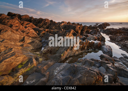 Zerklüftete Felsformationen, beleuchtet durch goldene Abend Sonnenlicht am Bantham Strand, Devon, August 2011. Stockfoto