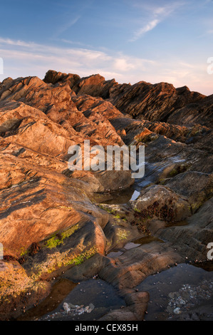 Zerklüftete Felsformationen, beleuchtet durch goldene Abend Sonnenlicht am Bantham Strand, Devon, England. Stockfoto