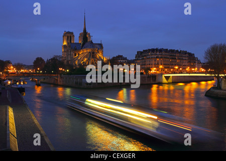 Notre Dame und Fluss Seine in der Nacht Stockfoto