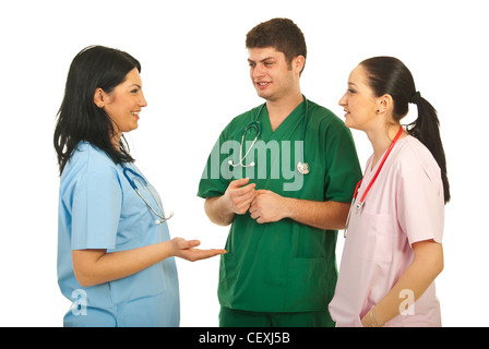 Drei Ärzte Team Gespräch isoliert auf weißem Hintergrund Stockfoto