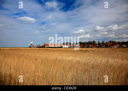 Ein Blick über den Schilfgürtel zu Cley Windmühle in kleinen Norfolk Dorf von Cley-Next-the-Sea, Küste North Norfolk, England, Großbritannien Stockfoto