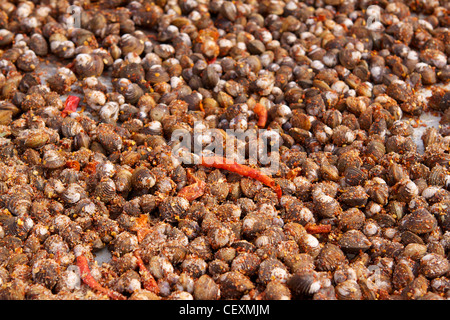 Traditionellen kambodschanischen Straße essen - gekochte Muscheln mit Chili verkauft Phsar Chas (Alter Markt) in Siem Reap Stockfoto