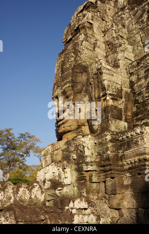 Eines der markantesten Merkmale der Bayon, einen massiven steinernen Gesicht im frühen Morgenlicht innerhalb des Komplexes von Angkor Thom Stockfoto