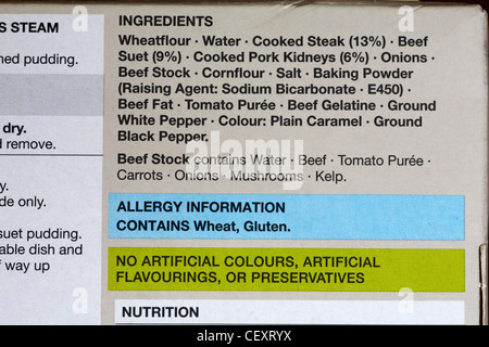 Zutaten und Allergie Informationen auf Box mit Steak und Niere pudding Box Stockfoto
