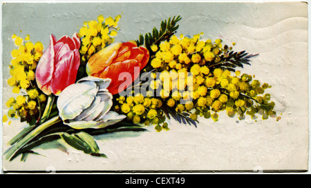 UdSSR - ca. 1981: Postkarte gedruckt in der USSR zeigt Auslosung von Strauß Tulpen und Mimosen, 1981 Stockfoto