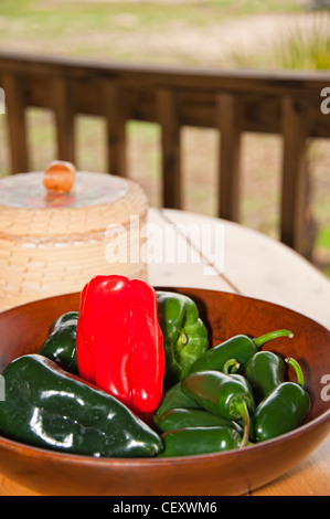 Holzschale gefüllt mit verschiedenen Arten von Chilischoten und Tortilla wärmer im Hintergrund Stockfoto