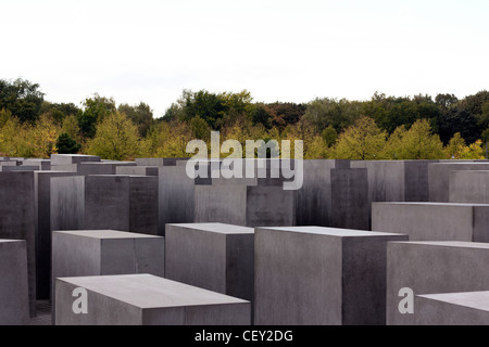 Die konkrete Stelen des Holocaust-Mahnmal in Berlin, Deutschland, vor dem Hintergrund der Tiergarten. Stockfoto
