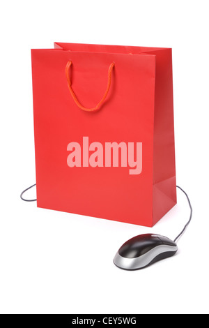 Isolierte Einkaufstasche und Computer-Maus, Konzept des e-Commerce Stockfoto