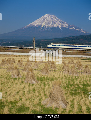 Blick auf den Mount Fuji mit dem Shinkansen im Vordergrund, japan Stockfoto