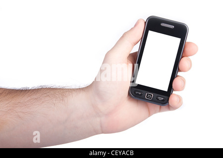 Hand mit Touch Bildschirm Telefon isoliert auf weiss Stockfoto