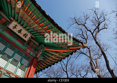 Bunten Dach Dekorationen der orientalischen Architektur im Changdeokgung Palace in Seoul, Südkorea Stockfoto