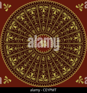 Traditionelle Runde Vintage Lace-Muster, gold-Stickerei: Rose, Blätter, wirbelt auf rotem Grund Stockfoto