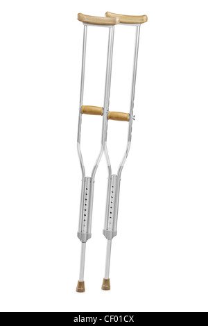 Eine Studioaufnahme von Paar Krücken orthopädische Geräte isoliert auf weißem Hintergrund Stockfoto