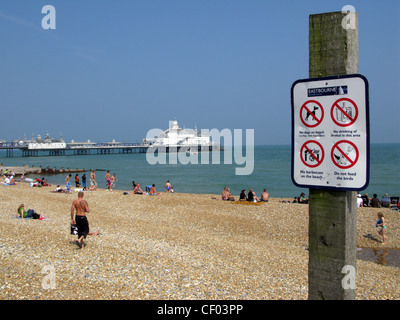 Easbourne Strand und Pier, East Sussex.  Warnzeichen - keine Hunde, kein Alkohol, keine Grillfeste, nicht die Vögel füttern Stockfoto