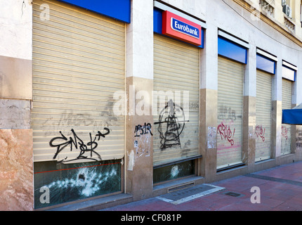 Eurobank Brand beschädigt von Unruhen in Athen, Griechenland Stockfoto