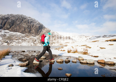 Frau Hill Wanderer durch eine gefrorene scheut Tarn in die saisonabhängige, Lake District, Großbritannien Stockfoto