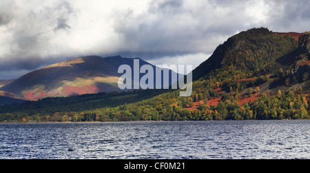 Blencathra (oder Saddleback) und Walla Felsen über dem Wasser Derwentwater, Lake District, Cumbria, England, Europa Stockfoto