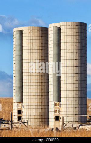 zwei alte zylindrischen Silos auf einem verlassenen Bauernhof in Ost-Colorado Stockfoto