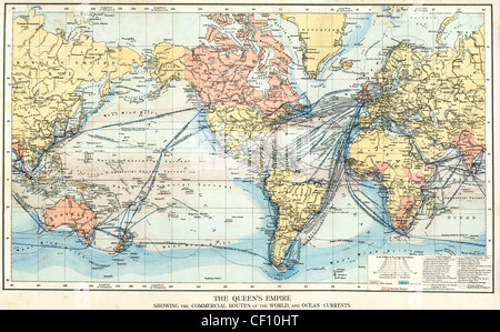 Vintage Karte des britischen Empire zeigt die kommerzielle Handelsrouten der Welt und Ozean Ströme-1890 Stockfoto