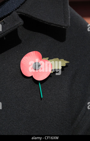 Eine englische künstliche Royal British Legion rote Mohn auf eine dunkle Jacke Hintergrund.  Dies zeigt das grüne Blatt zeigt seitwärts. Stockfoto