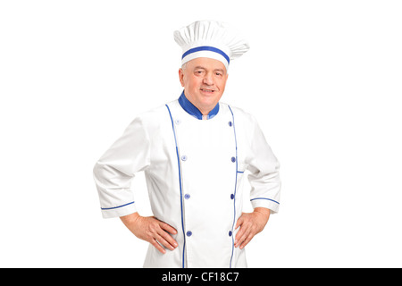 Porträt eines lächelnden Kochs auf weißen Hintergrund isoliert Stockfoto