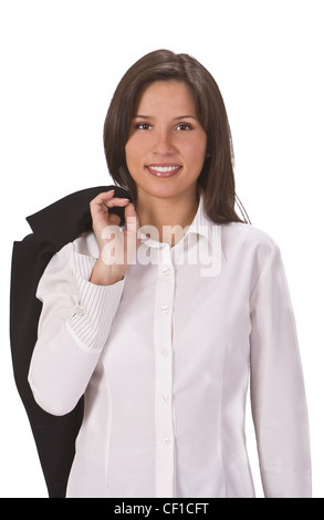 Bild von einem lächelnden Brünette lässig gekleidet in eine weiße Bluse. Stockfoto