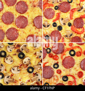 Pizza-Collage von vier verschiedenen Typen Stockfoto