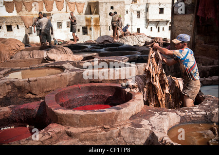 Menschen bei der Arbeit in der Chouwara Leder Gerberei von Fez, Marokko Stockfoto