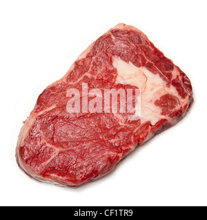 Schottische North Highland Rib Eye Steak isoliert auf einem weißen Studio-Hintergrund. Stockfoto