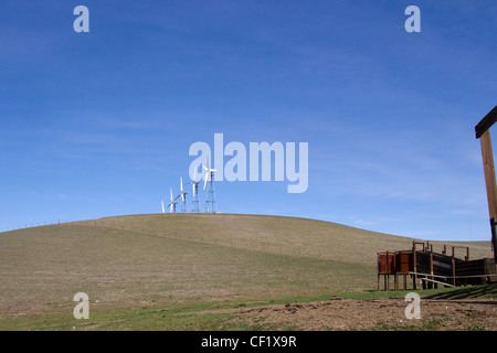 California Windkraftanlagen in den Voralpen östlich von Oakland. Land unten dient auch als Vieh weidete landen und Palette zu öffnen. Stockfoto