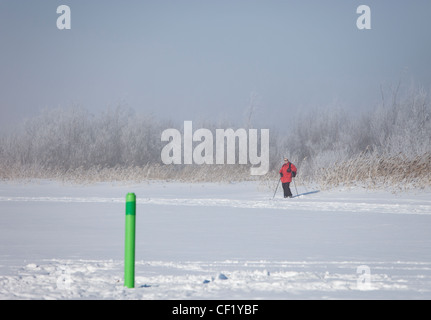 Ältere Frau ruht auf Langlauf-Ski Reise, Finnland Stockfoto